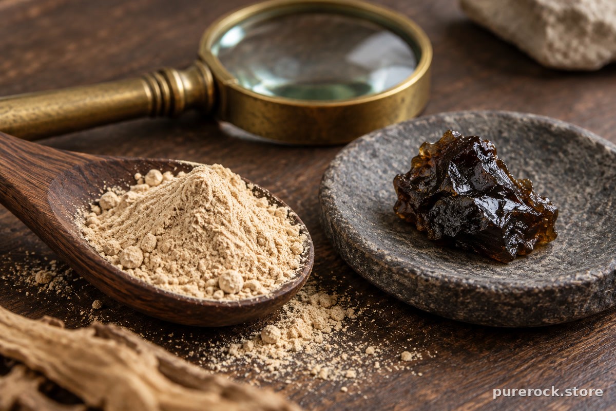 Pale root powder on a dark spoon beside a piece of dark resin with a magnifying glass, illustrating checking product quality