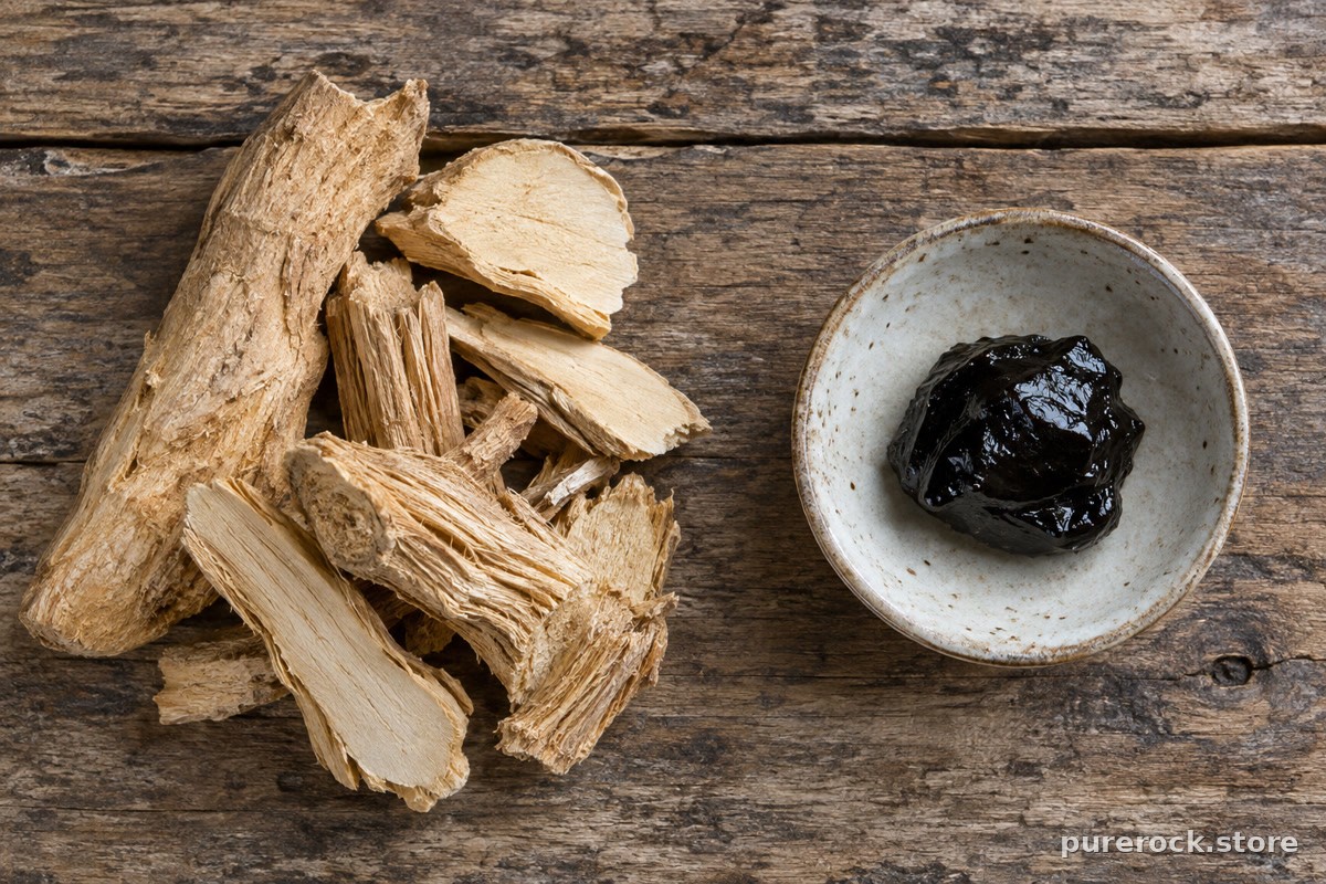 Dried tongkat ali root pieces and a small dish of dark shilajit resin arranged apart on a wooden surface, showing a plant root and a mineral resin side by side