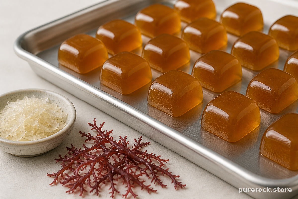 Rows of amber pectin-based gummies cooling on a tray next to a small dish of agar-agar flakes