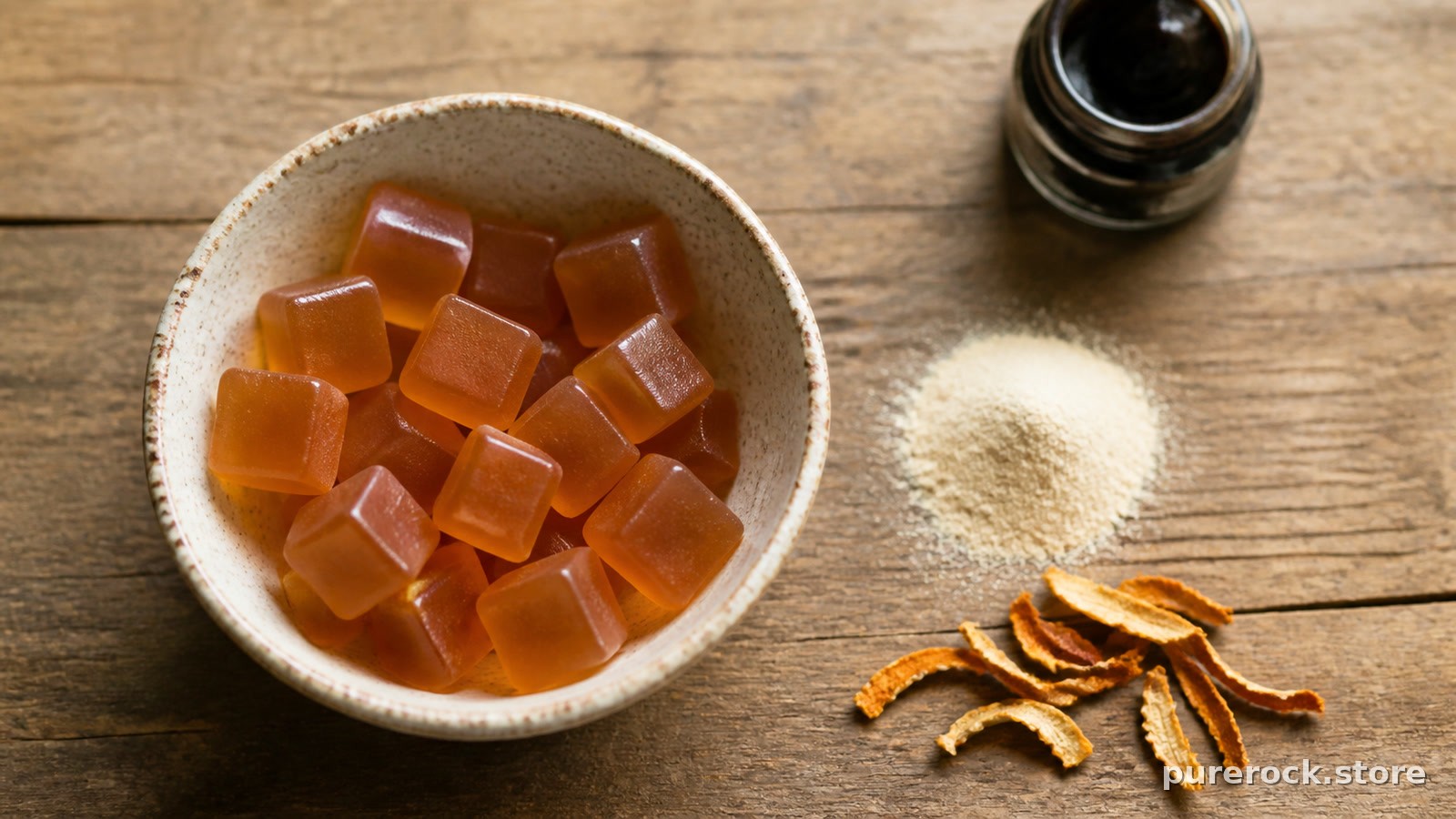 A bowl of translucent amber vegan gummies next to pectin powder and a shilajit resin jar