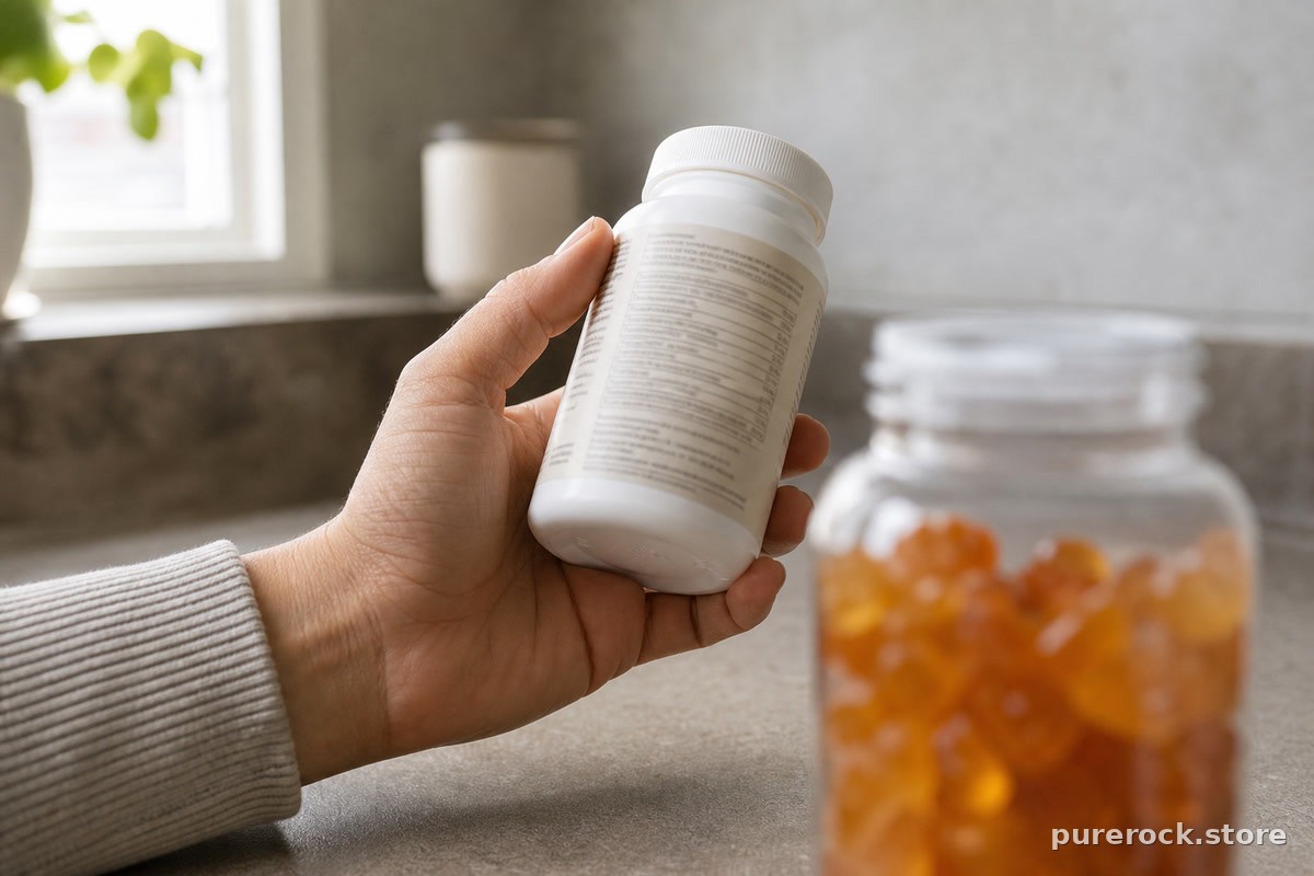 Close-up of a hand reading the ingredient list on a supplement label held next to a bottle of gummies