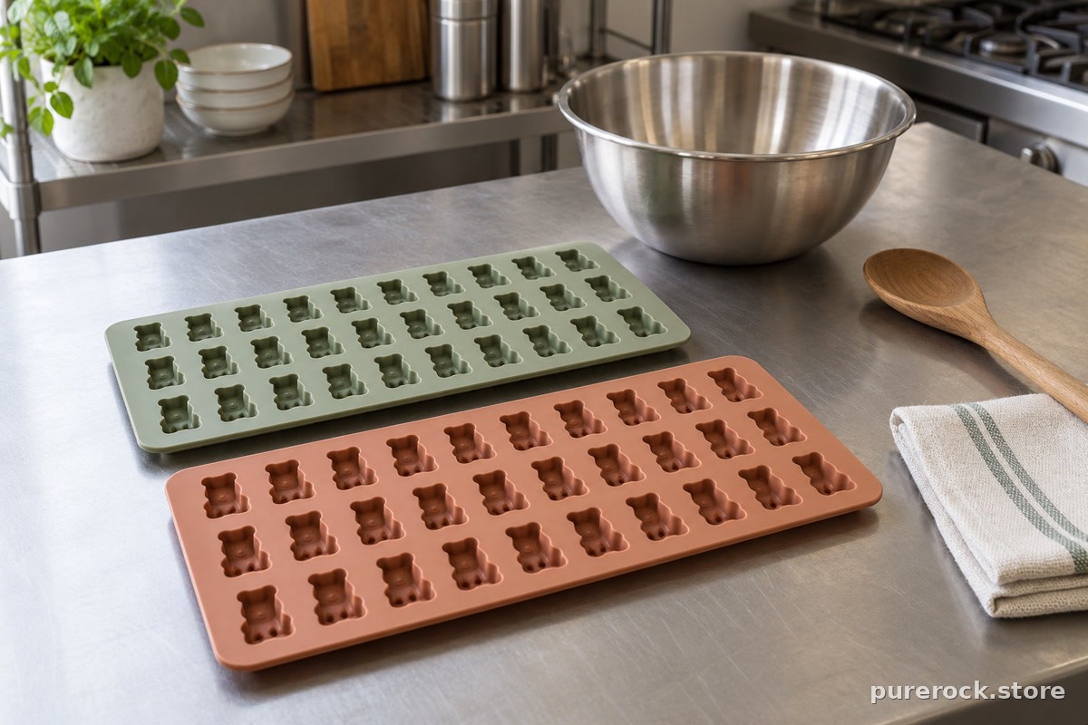 Two rows of empty silicone gummy molds on a clean kitchen counter, representing shared or separate production equipment