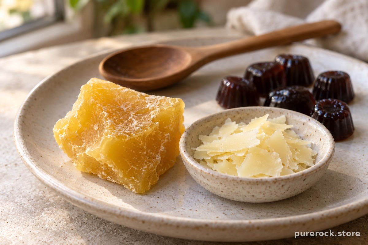 Raw beeswax chunk beside plant-based carnauba wax flakes and glossy gummies, illustrating coating ingredients that affect vegan status
