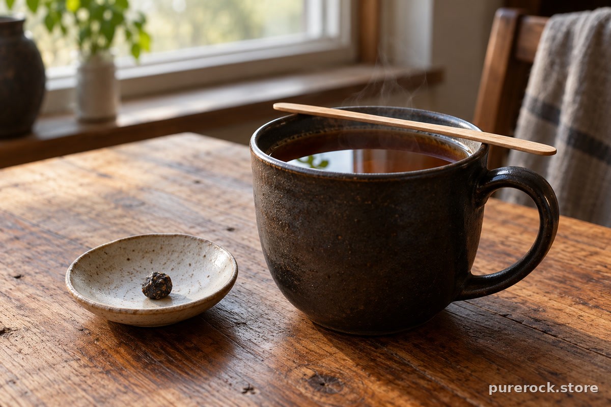 A mug of strong black tea with a wooden stirrer beside a dish holding a piece of dark resin, a strong dark drink to mask the taste