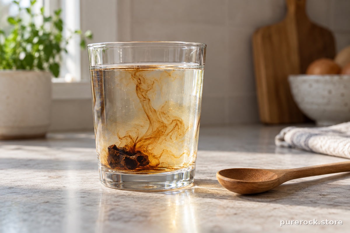 A glass of warm water turning amber-brown as a piece of dark resin dissolves, with a wooden spoon resting beside it