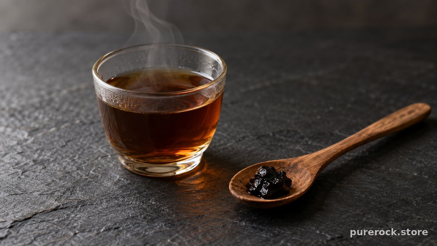 A small glass of dark amber liquid beside a wooden spoon holding a pea-sized piece of black resin on a slate surface