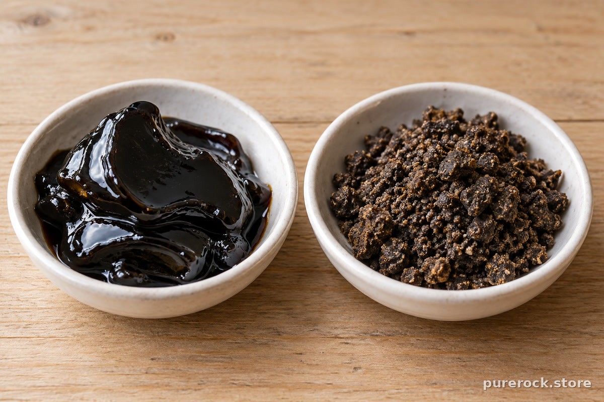 Two ceramic dishes side by side, one with smooth glossy dark resin and one with dull grainy dark material, comparing texture