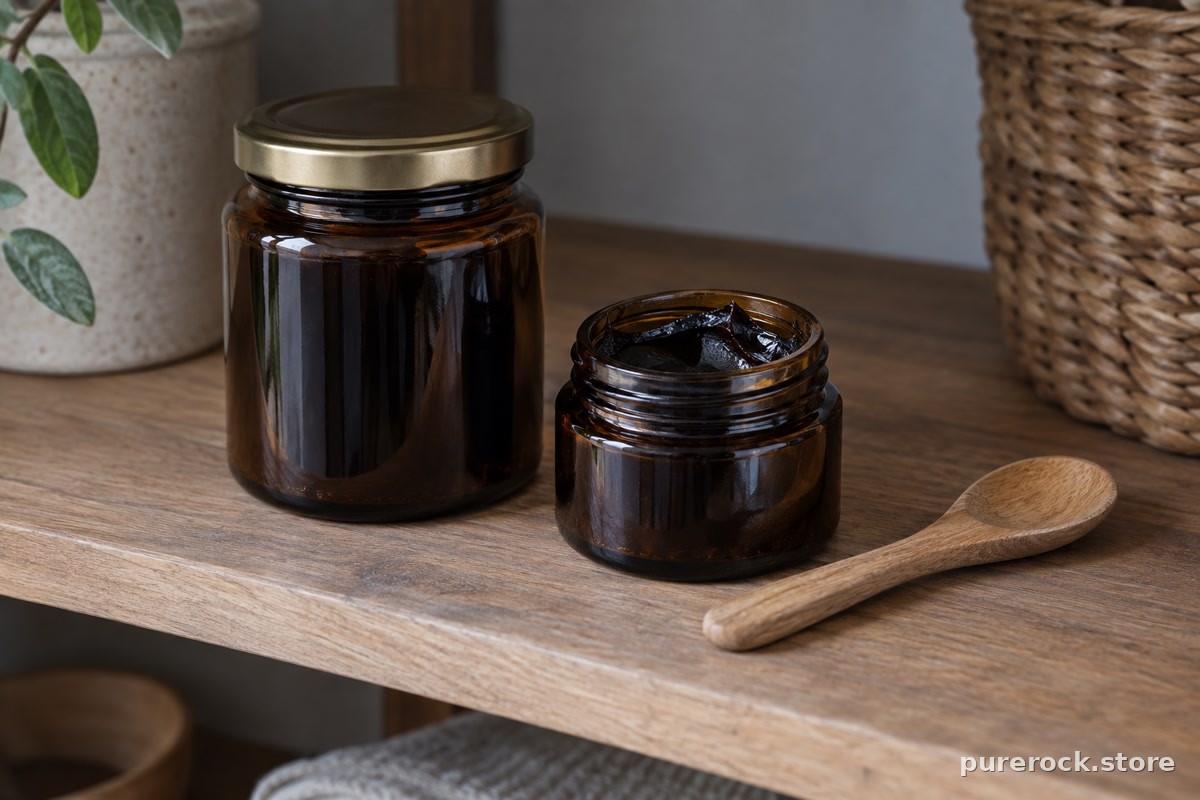 A sealed glass jar of dark resin stored on a cool, shaded pantry shelf beside a small open jar showing firm, glossy resin