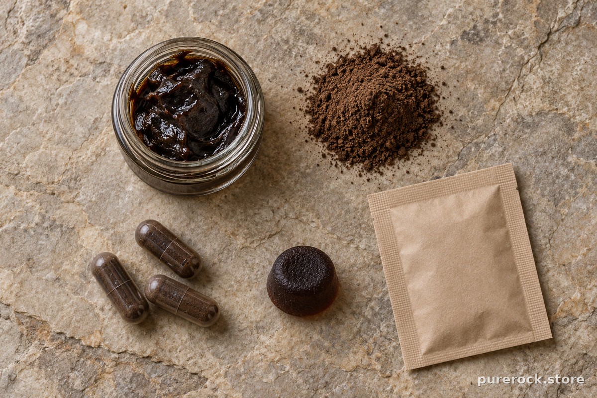 Five forms of shilajit laid out side by side on a stone slab: a jar of dark resin, loose powder, capsules, a gummy and a single-serve sachet, all unlabeled
