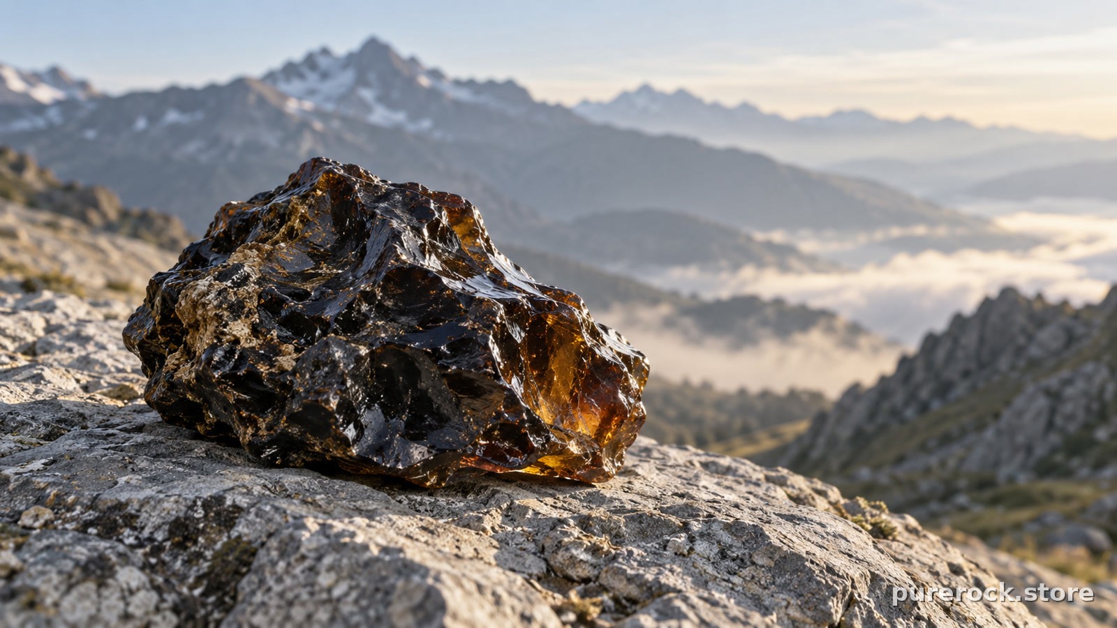 A dark, glossy piece of mineral resin resting on a pale grey rock ledge with a blurred mountain slope behind it