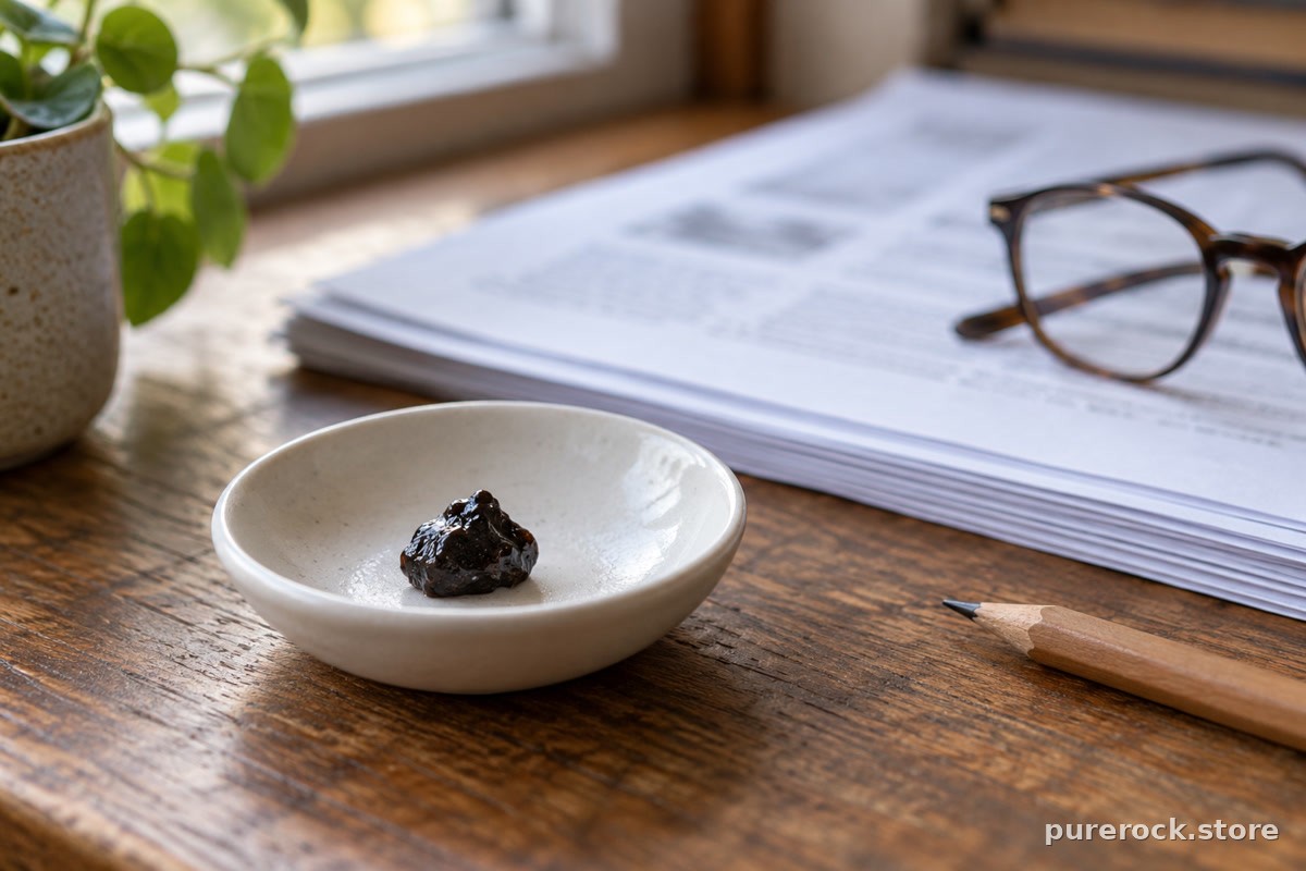 A small dish of dark resin beside a blurred stack of printed lab documents on a wooden desk
