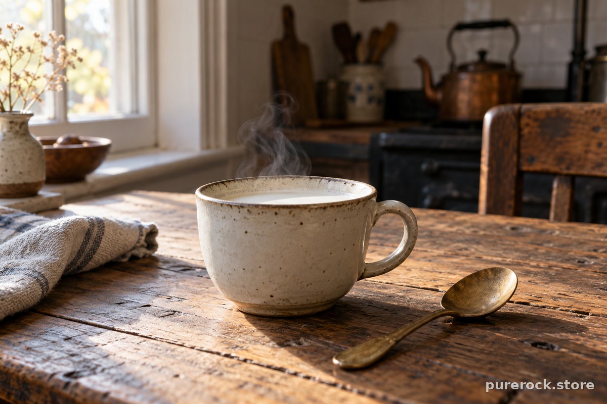 A ceramic cup of warm milk with steam beside a brass spoon, evoking the traditional way shilajit is stirred into a warm drink