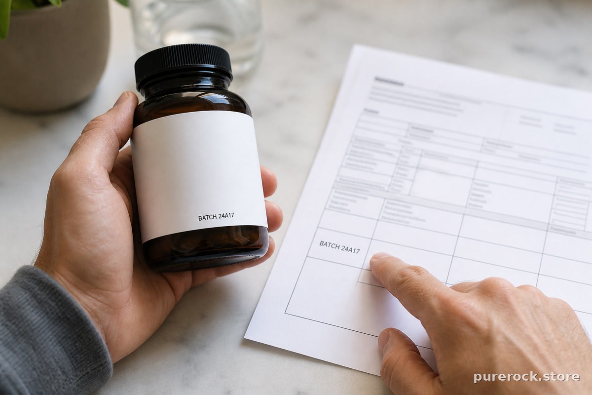 A close-up of a supplement label section listing batch number and expiration date being checked against a printed lab report