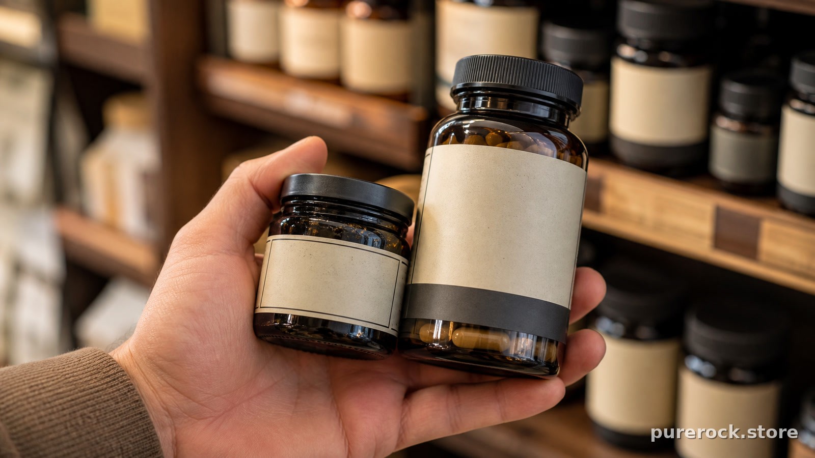 A shopper's hand comparing two shilajit product labels side by side under store lighting