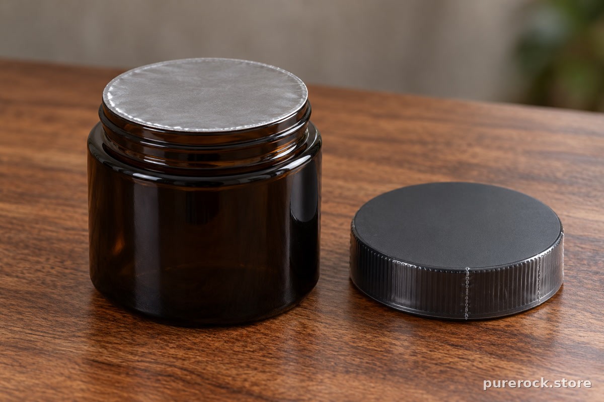 A closed glass jar with an intact foil seal and plain shrink band beside its cap, illustrating a tamper-evident packaging check
