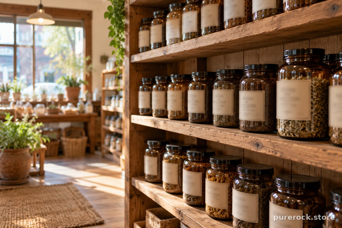 Wooden shelves in a small shop holding rows of plain brown glass jars, illustrating how the purchase channel shapes what information you get
