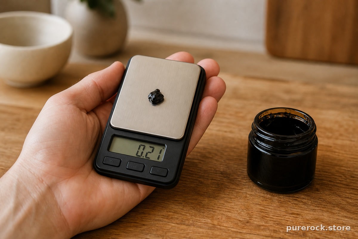 A hand holding a small digital kitchen scale weighing out a resin serving next to an open jar